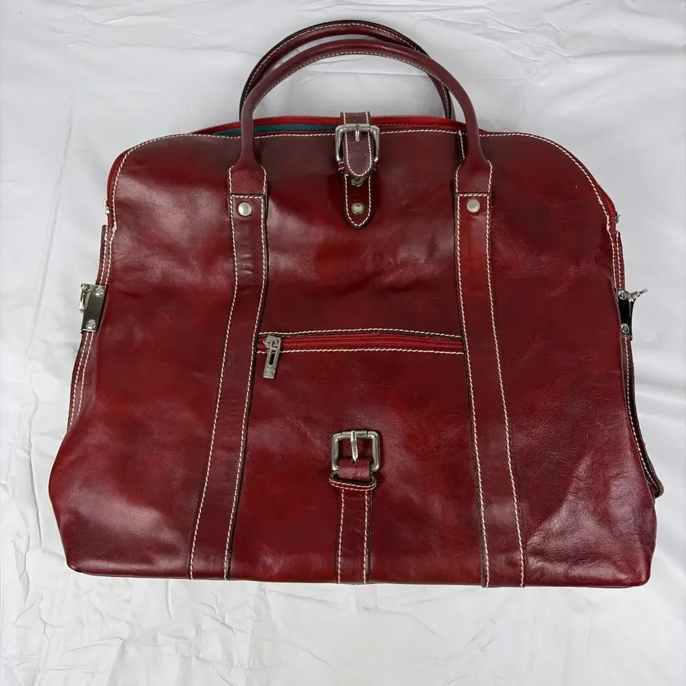 Vintage Italian Red Leather Travel Duffle Bag Overnight Weekender Carry On 18